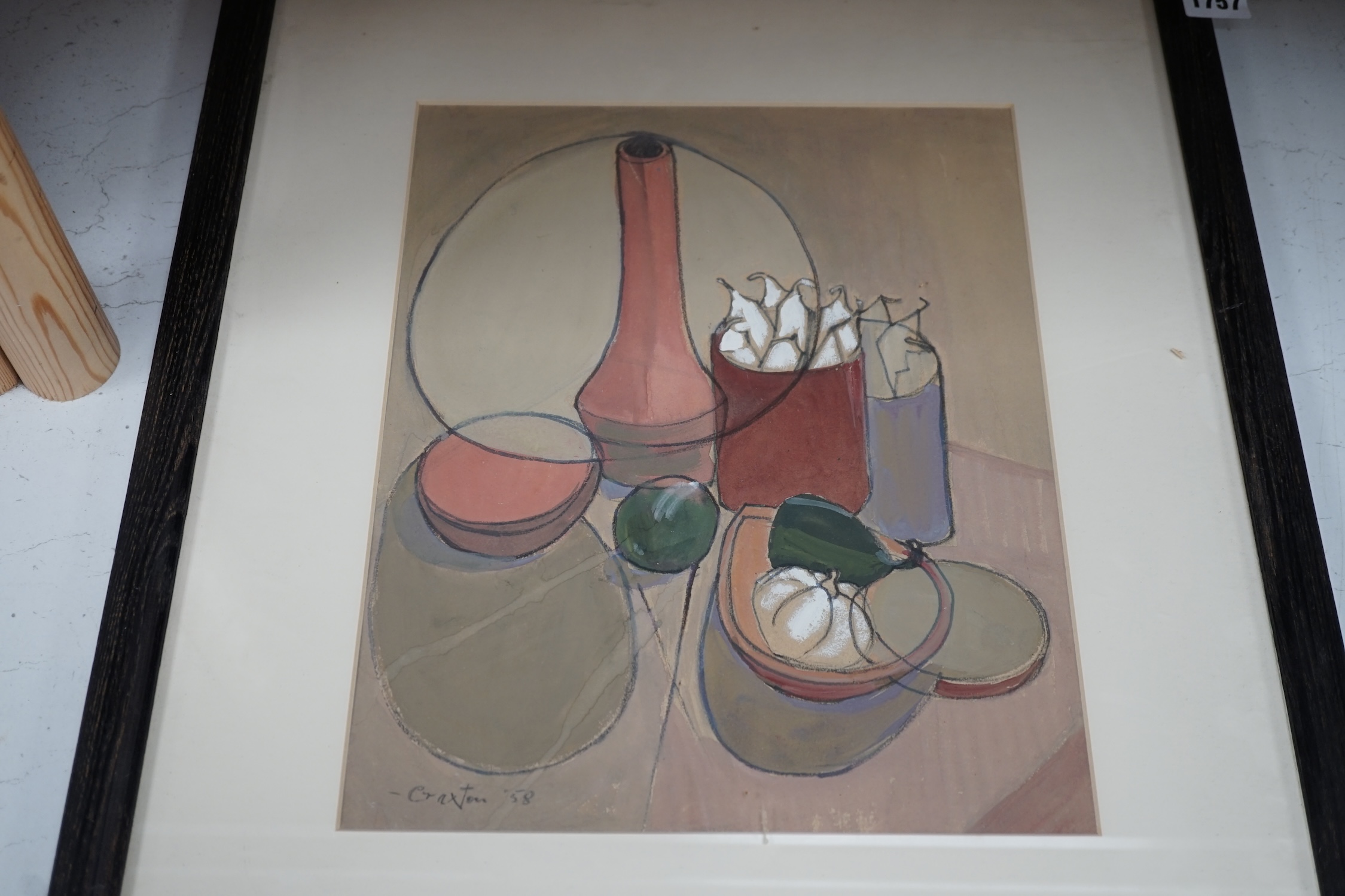 After John Craxton (1922-2009), charcoal and gouache on paper, Still life of jars and vegetables, 33 x 26cm. Condition - good